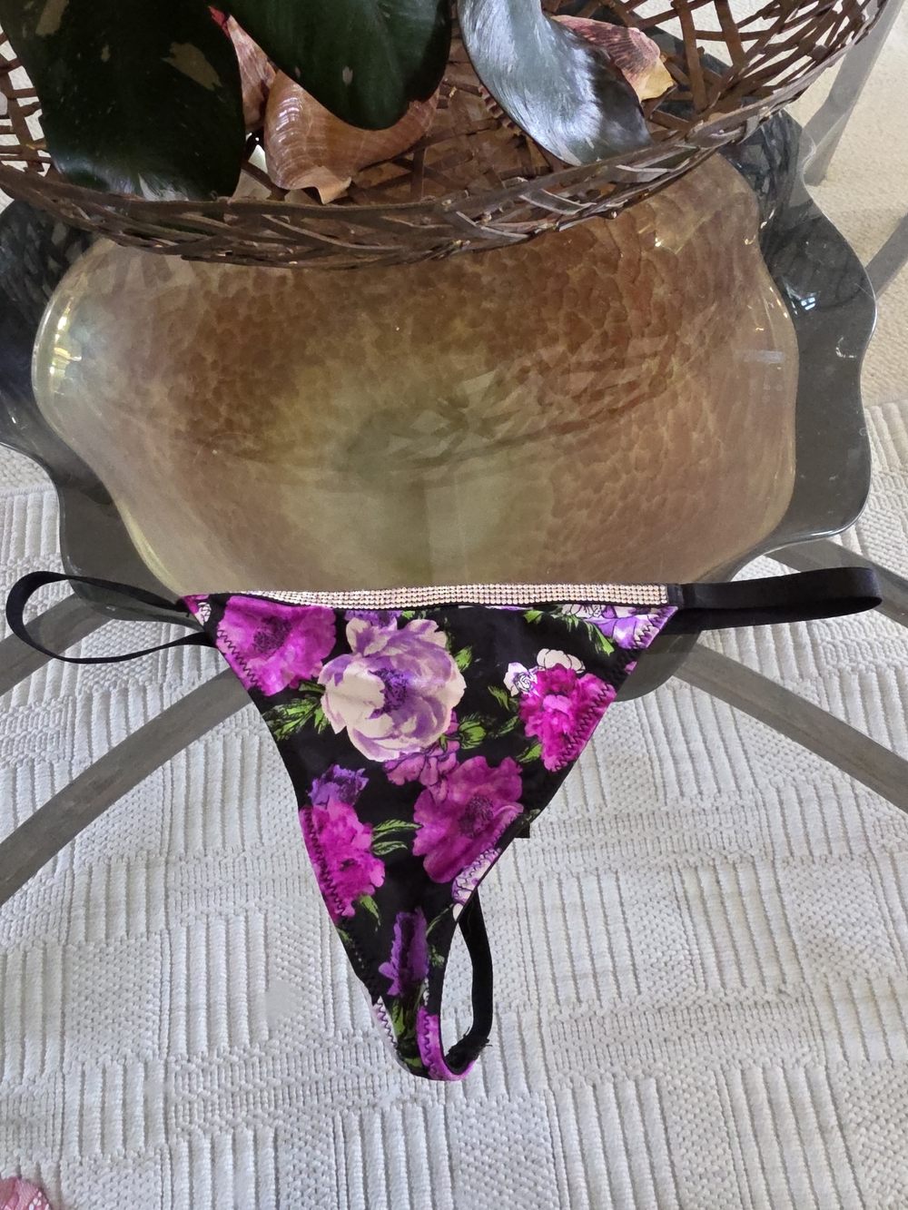 Victoria's Secret Black Floral Thong Bottom with Purple and Pink Flowers